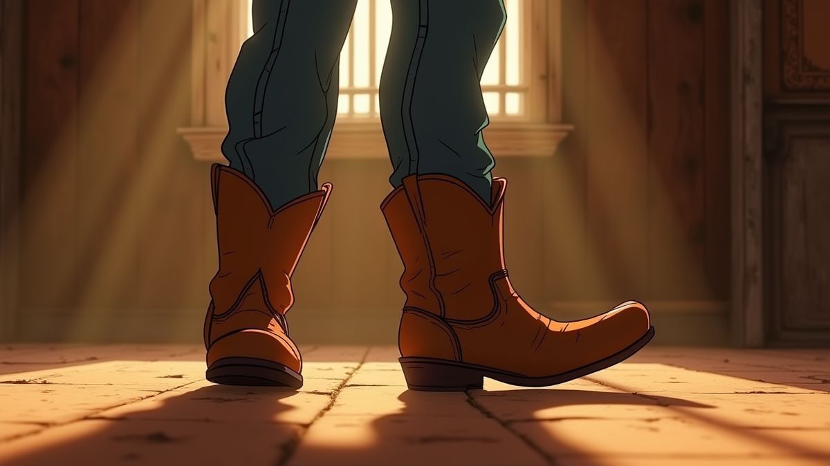 Botas de vaquero entrando en un banco antiguo.