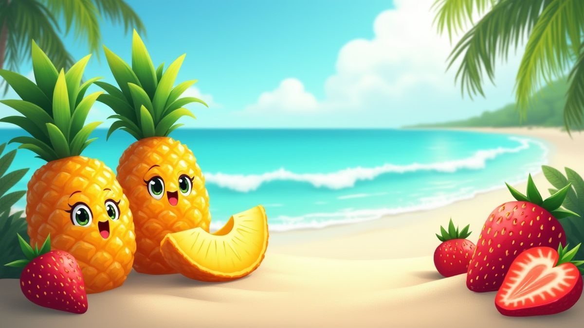 Animated fruits enjoying on a tropical beach.