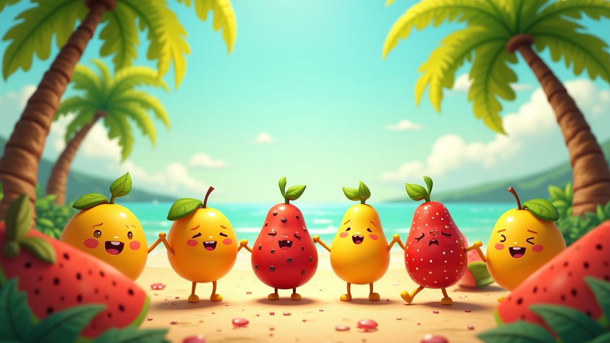 Animated tropical fruits party under palm trees.