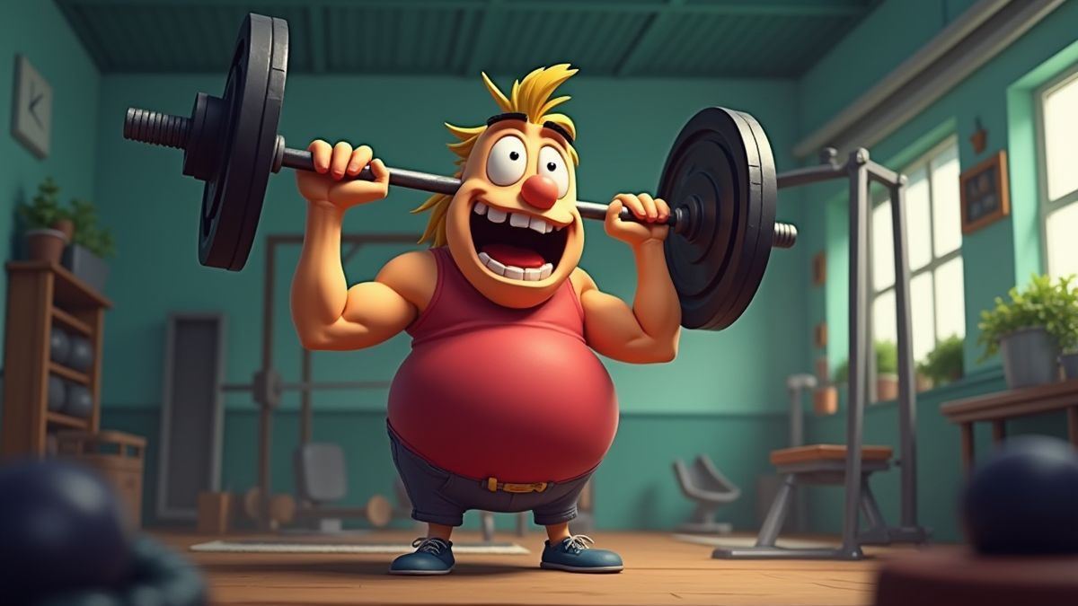 Um personagem extravagante levantando pesos em uma academia caricaturesca.