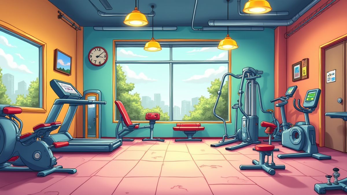 Interior de uma academia colorida e animada com equipamentos de fitness caricaturescos.