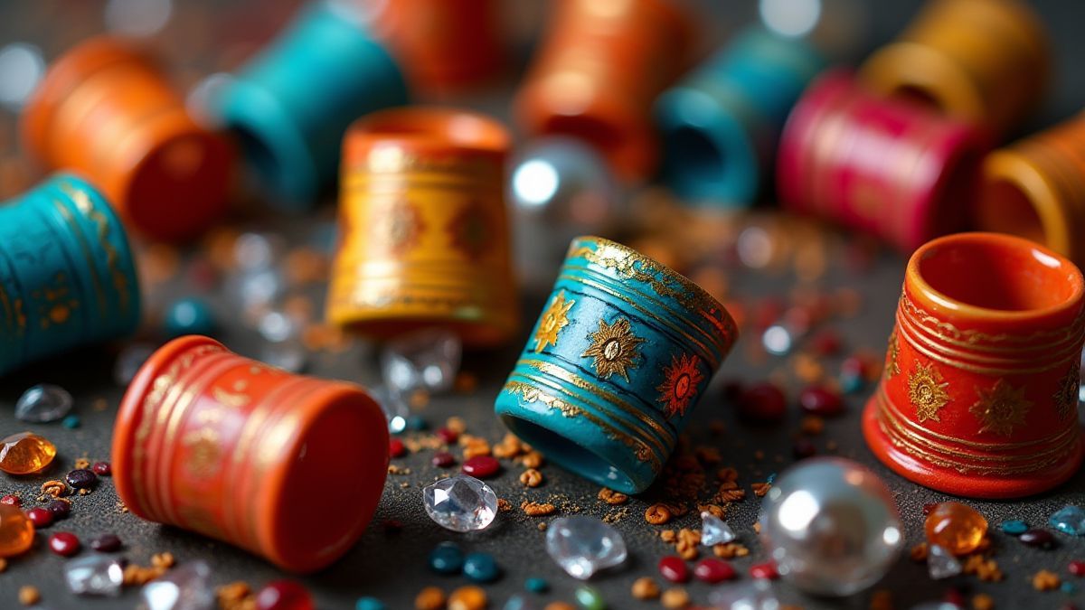Colorful thimbles surrounded by tribal patterns and bright diamonds.