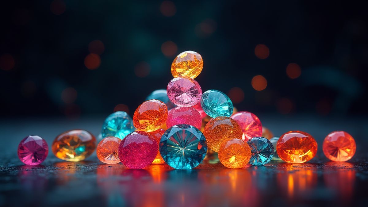 A pile of colorful diamonds shining under tribal decorations.