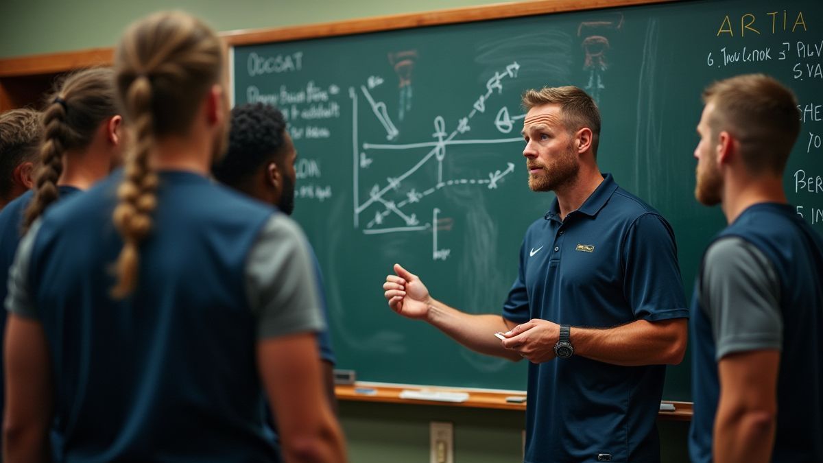 Voetbalcoach die strategieën plant in een kleedkamer.
