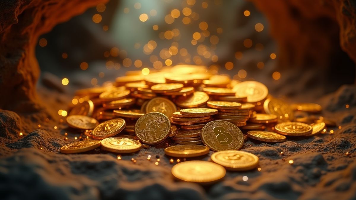 Monnaies d'or et trésors étincelants dans un cadre de caverne mystique.