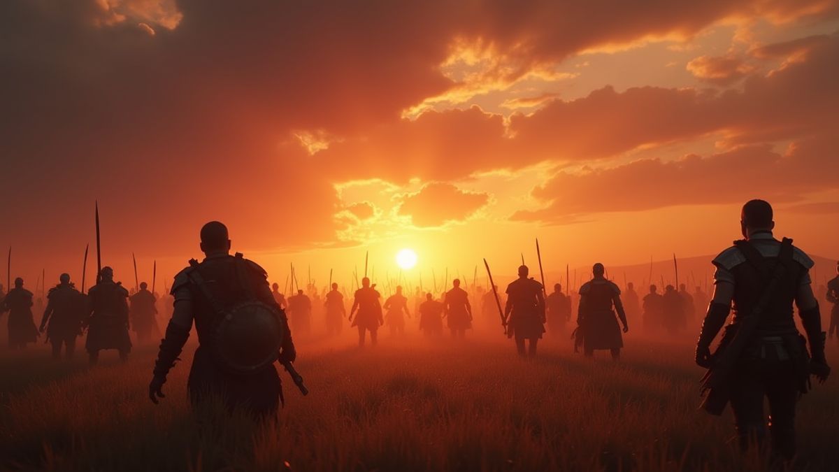 Champ de bataille cinématographique avec des guerriers sous un ciel au coucher du soleil.