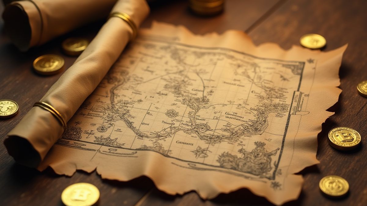 Carte au trésor avec des pièces d'or éparpillées sur une table en bois.
