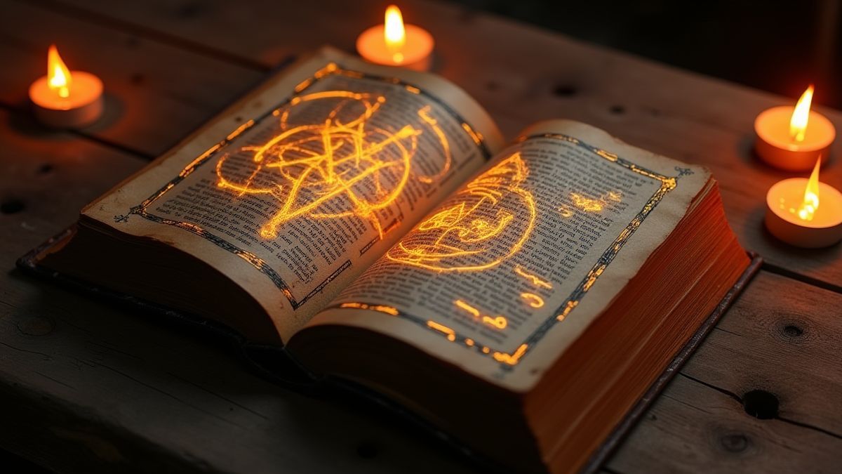 Oud boek met glanzende symbolen op een houten tafel omringd door kaarsen.