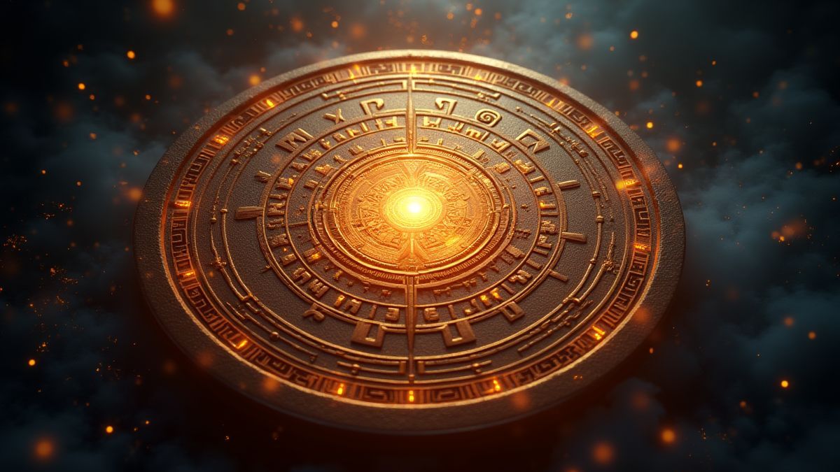 Medalhão antigo brilhante rodeado de luz mística e runas.