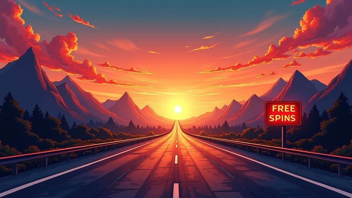 Highway at sunset with a sign saying 'Free Spins'.