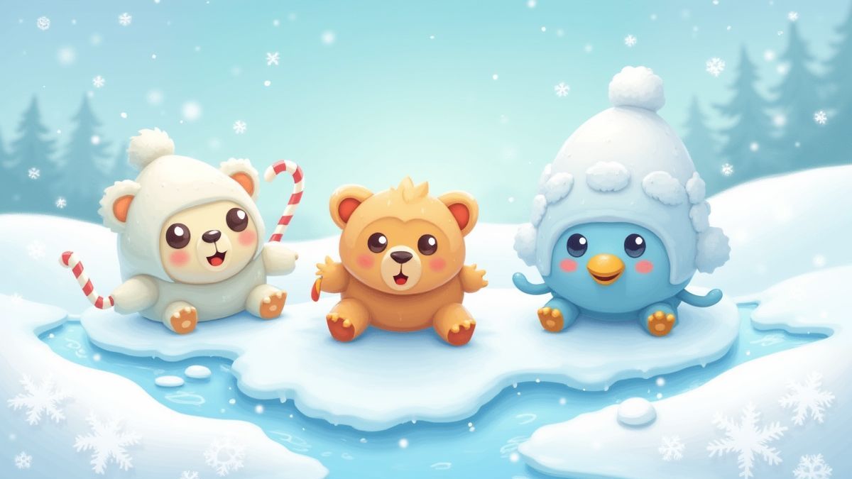 Criaturas peludas jugando en el hielo bajo un cielo nevado.
