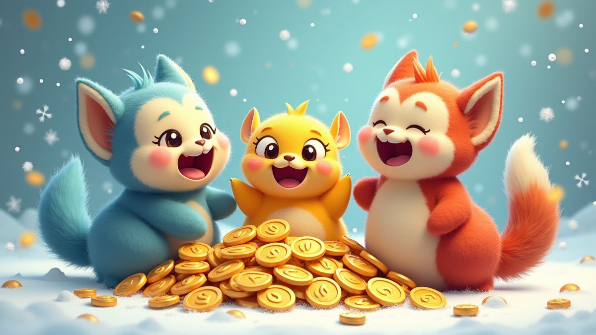 Criaturas peludas celebrando junto a monedas de oro en la nieve.