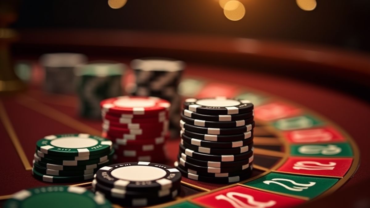 Casino Chips auf einem eleganten Roulettetisch.