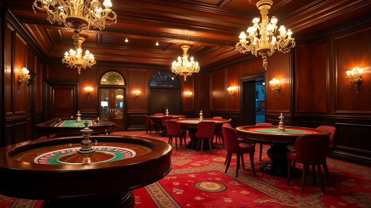 Interior de un casino francés elegante con lámparas y mesa de ruleta.