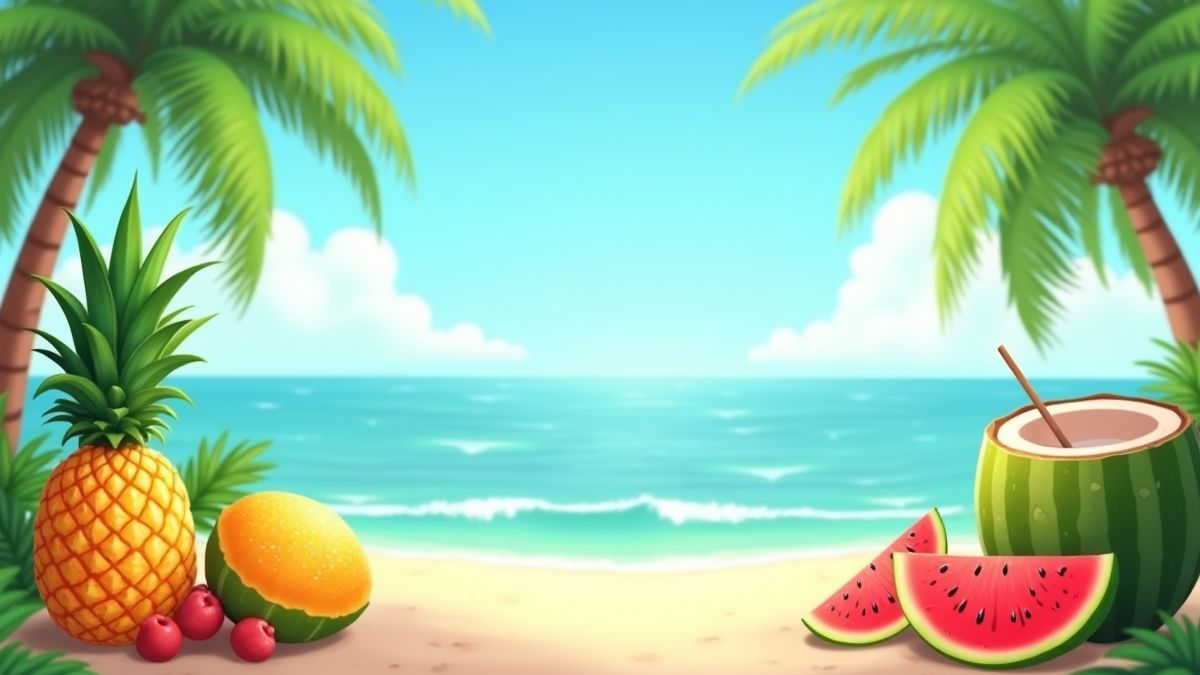 Tropisches Szenario mit animierten Früchten wie Ananas und Kokosnüssen.