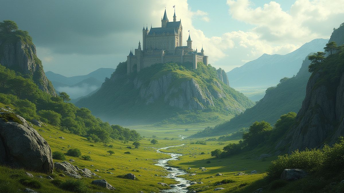Asgard mit seinem Schloss umgeben von Natur und Runen.