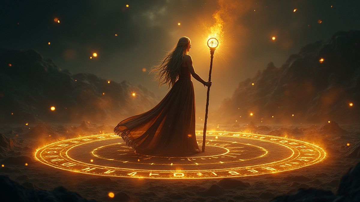 Goldene Runen, die in einem magischen Kreis schweben, neben Freya mit ihrem leuchtenden Stab.