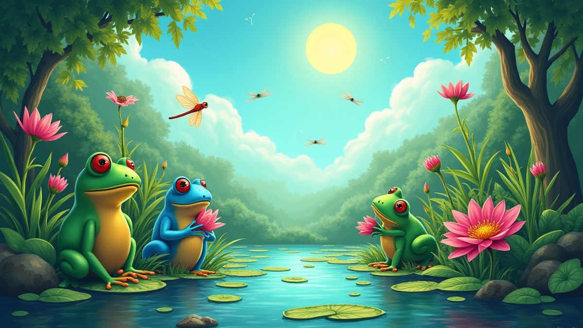 Una escena de jungla colorida con ranas, libélulas y nenúfares bajo un cielo soleado.
