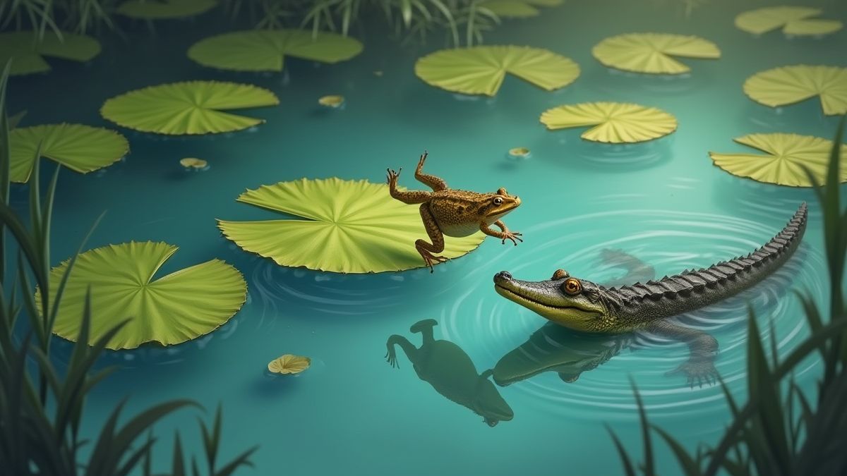 Una escena de un lago con nenúfares y una rana saltando entre ellos mientras un cocodrilo acecha.