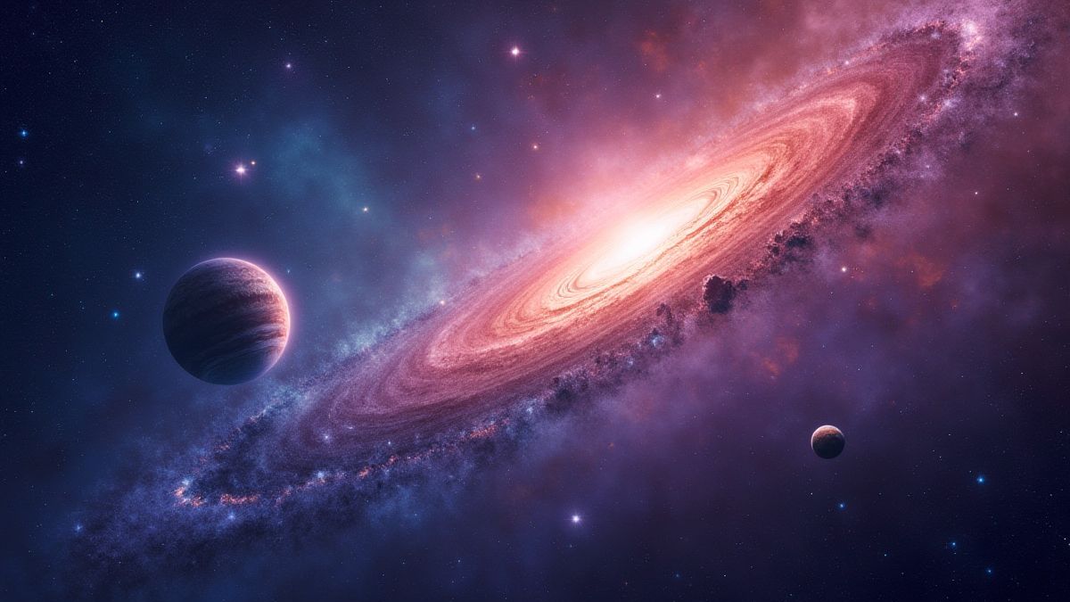 Een kleurrijk sterrenstelsel met vallende sterren en planeten.