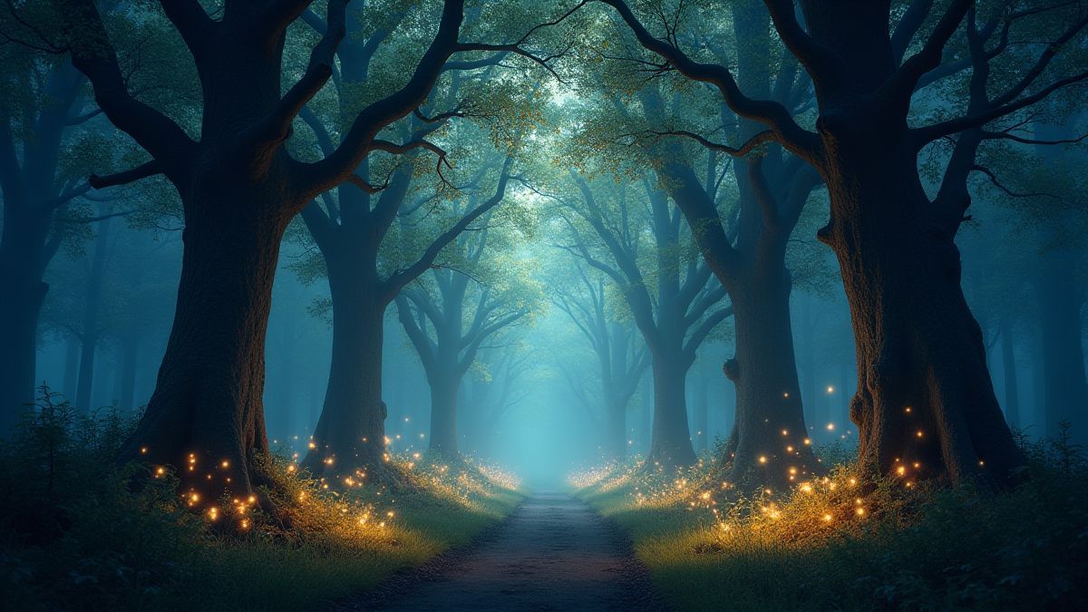 Un bosque encantado lleno de árboles luminosos y destellos mágicos en el aire.