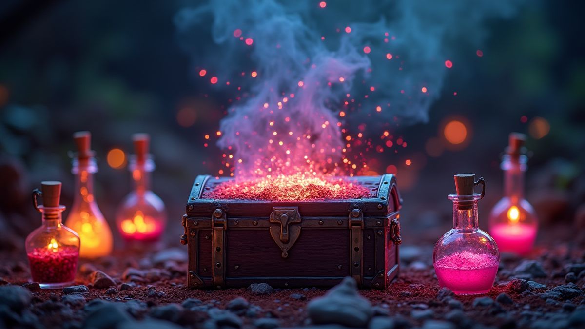Un cofre del tesoro rodeado de pociones mágicas brillantes en un escenario místico.