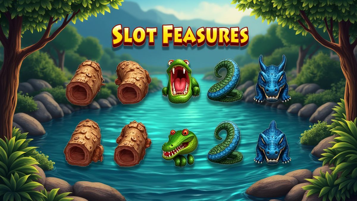 An animated river filled with logs, crocodiles, and snakes.