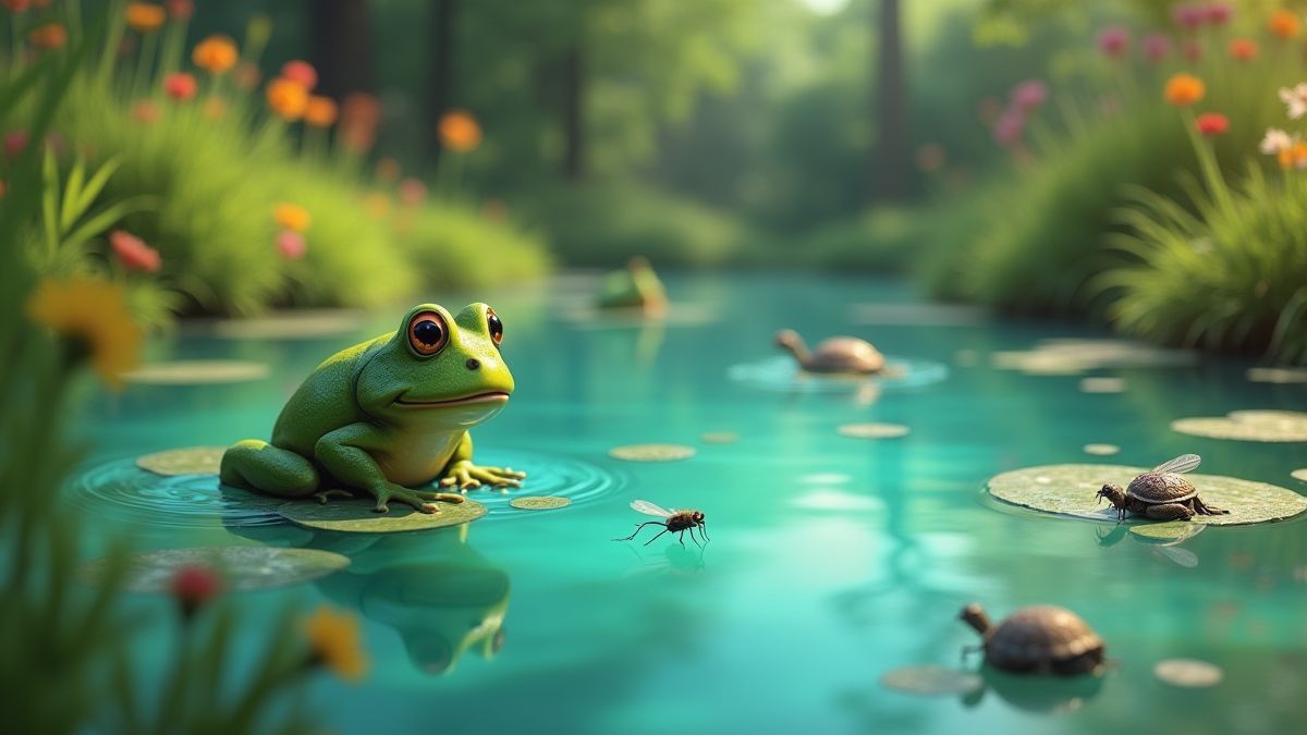 Een geanimeerde vijver met kleurrijke fauna.