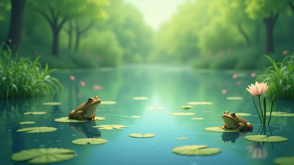 Een geanimeerde vijver met waterlelies en springende kikkers.