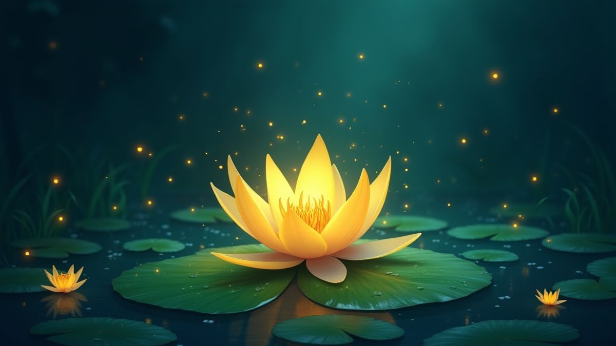 Glowing lily pad surrounded by fireflies in a magical setting.