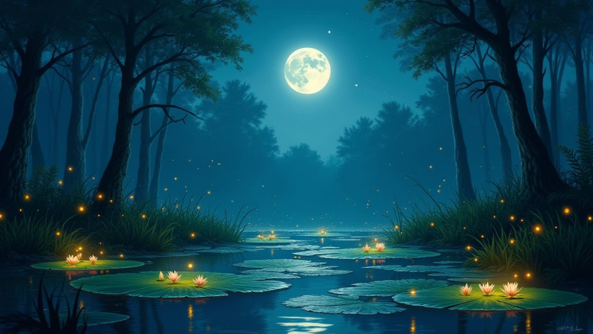 Magical swamp with glowing fireflies and lily pads under a moonlit sky.