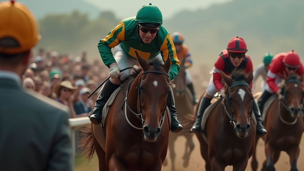 Jockey riding a horse in a race with the crowd cheering.