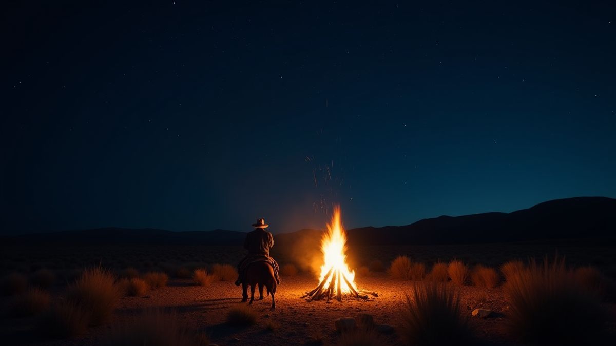 Campement de cow-boys la nuit sous un ciel étoilé.