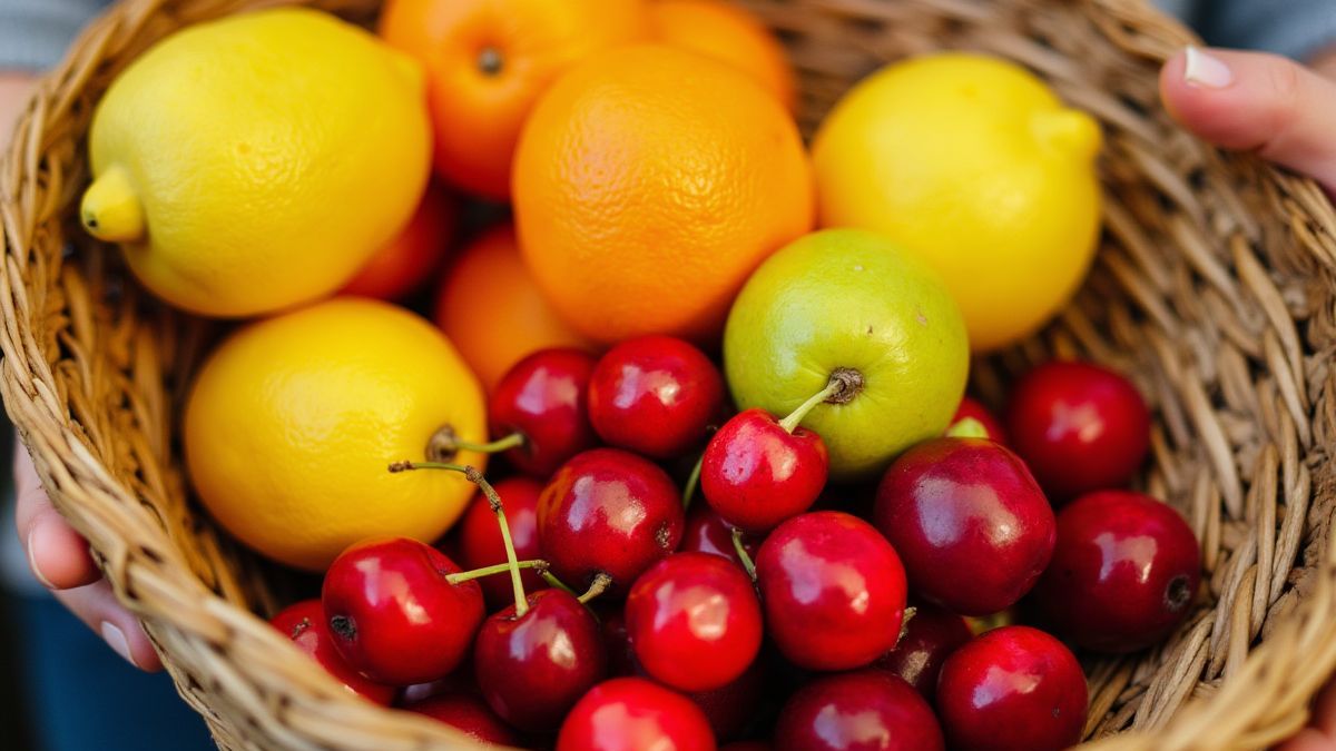 Cesta de frutas colorida cheia de cerejas, limões, laranjas e ciruelas.