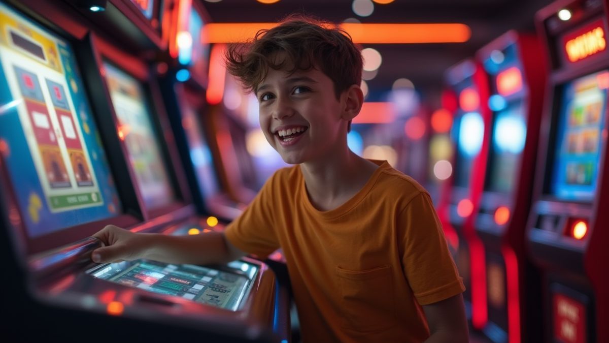 Principiante feliz jogando a caça-níqueis em um ambiente arcade retro.