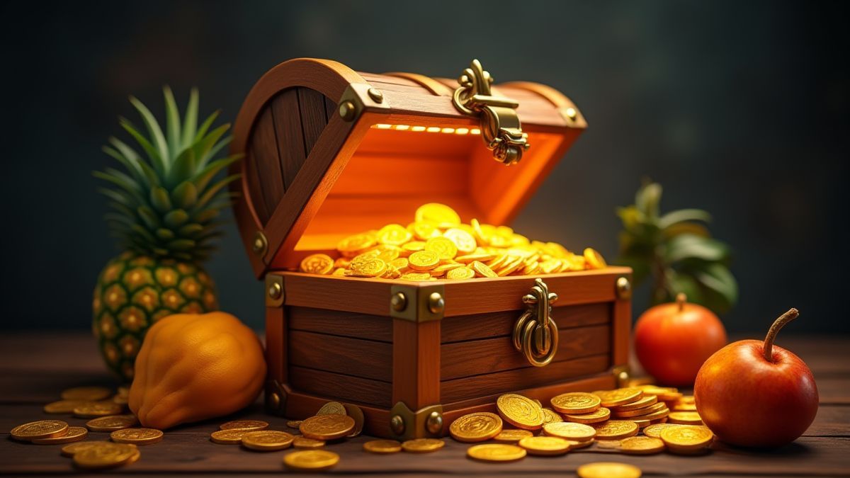 Un cofre del tesoro rodeado de monedas de oro y frutas tropicales.