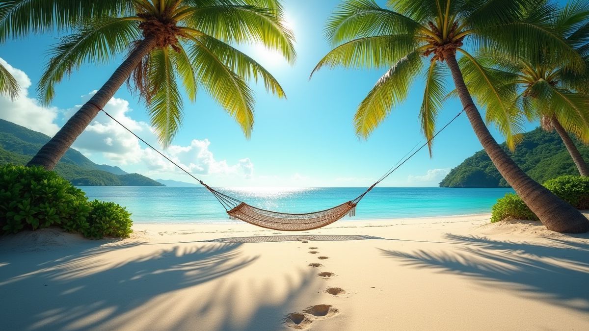 Una playa tropical tranquila con huellas hacia una hamaca.