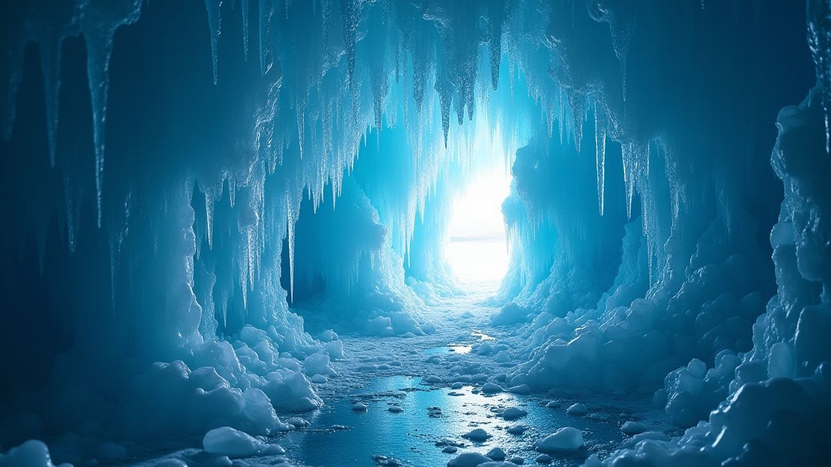 Una cueva de hielo brillante con cristales y reflejos luminosos.