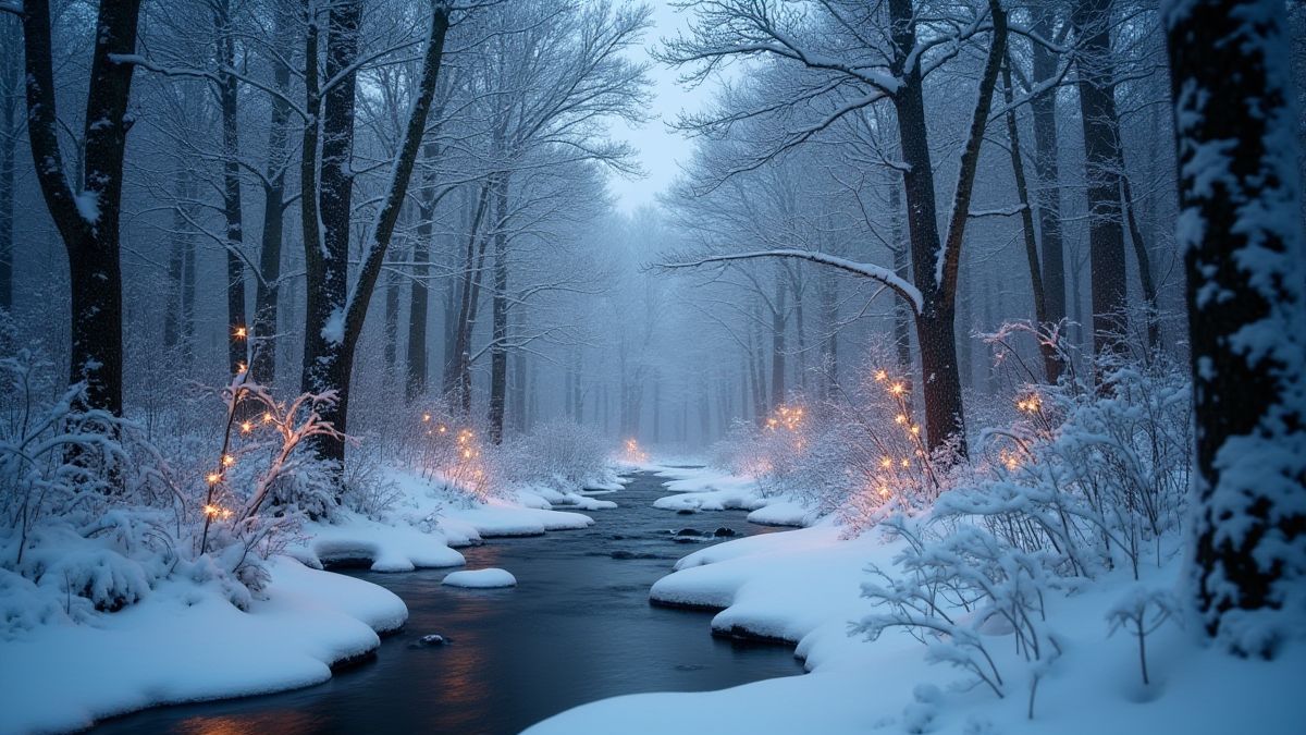 Un bosque nevado con luces titilantes y arroyos congelados.
