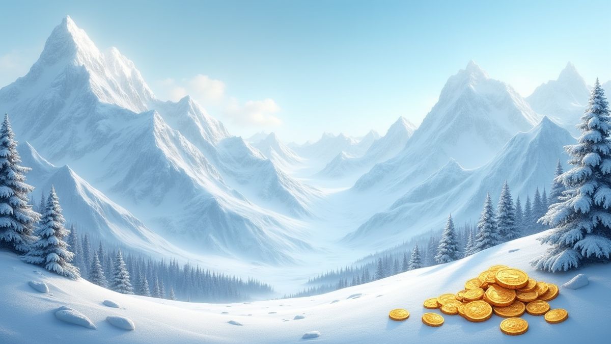 Schneebedecktes Bergpanorama mit goldenen Münzen am Boden.