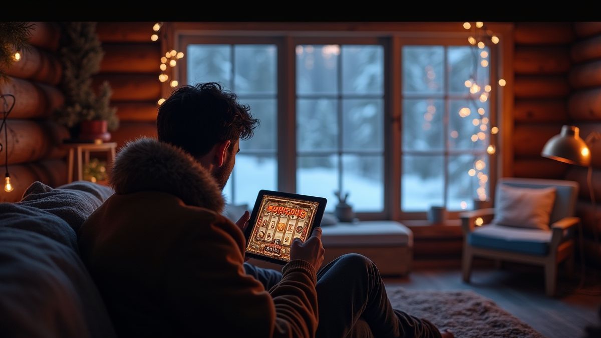 Spieler in einer Winterhütte, der ein Slot-Spiel auf einem Tablet spielt, während es draußen schneit.