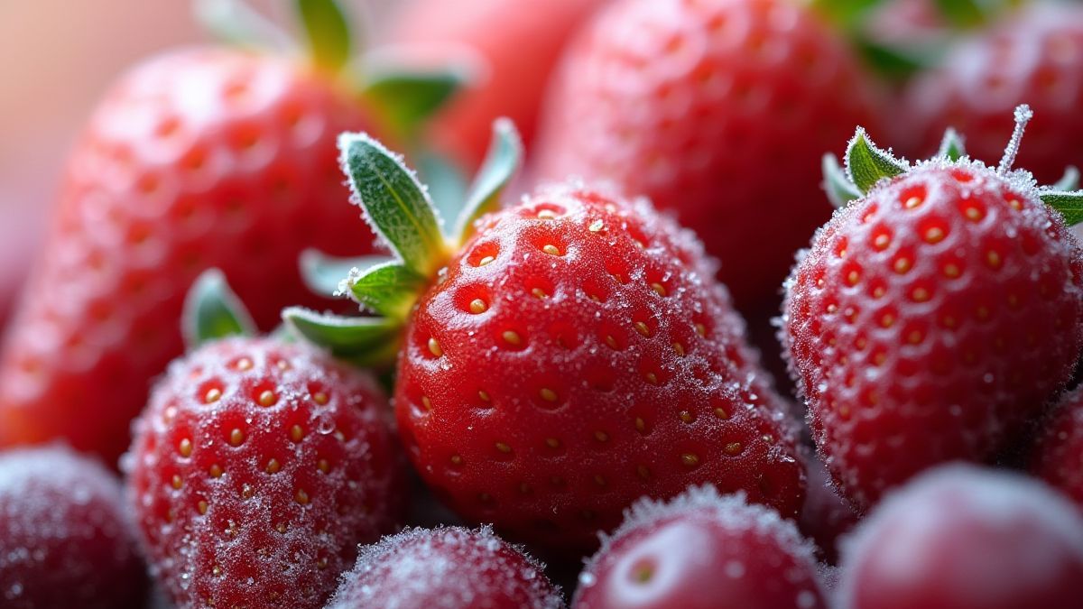 Frutas congeladas com escarcha brilhante.