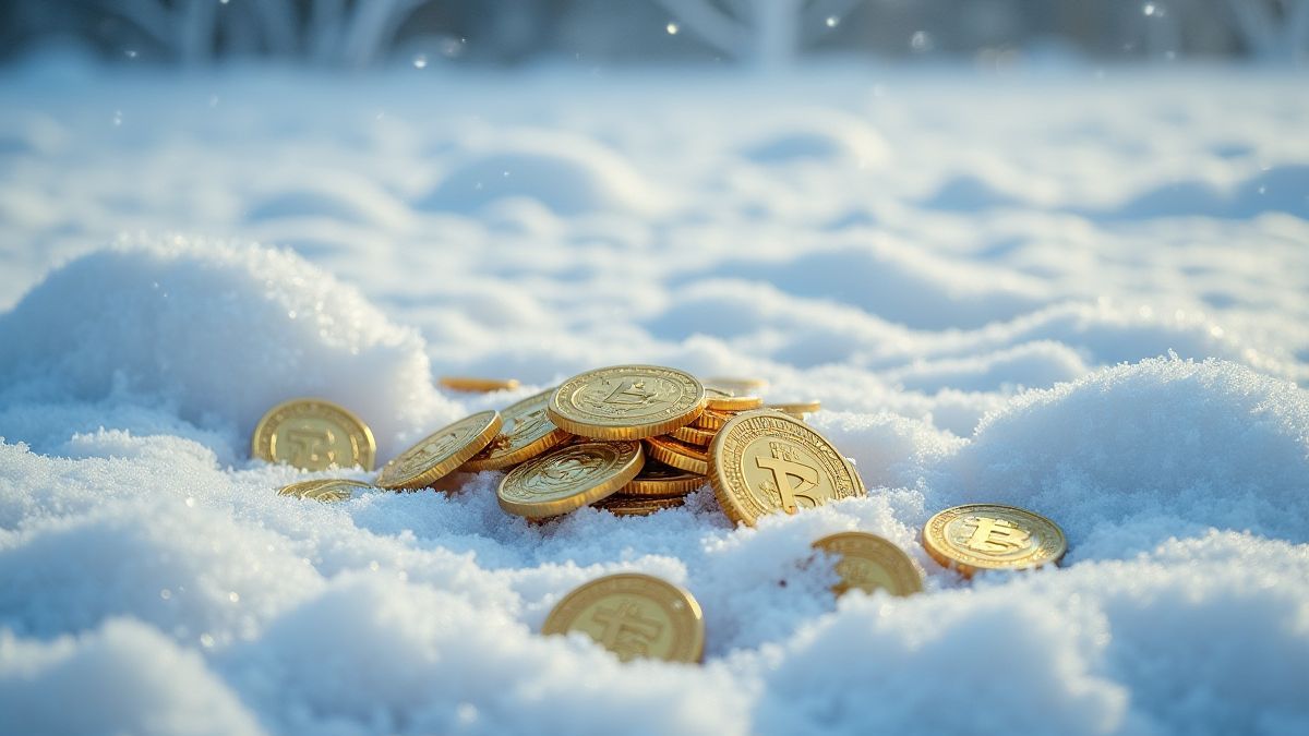 Moedas douradas em um paisagem gelado.