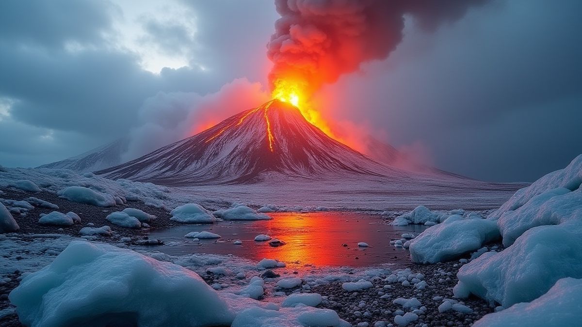 Un volcán en llamas rodeado de paisajes helados.