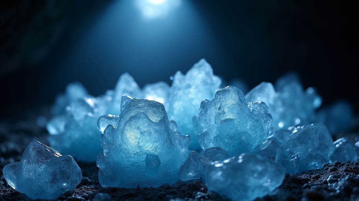 Cristales de hielo brillando bajo una luz tenue.