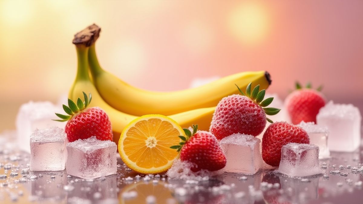 Frutas tropicales congeladas como plátanos y fresas sobre cubitos de hielo.