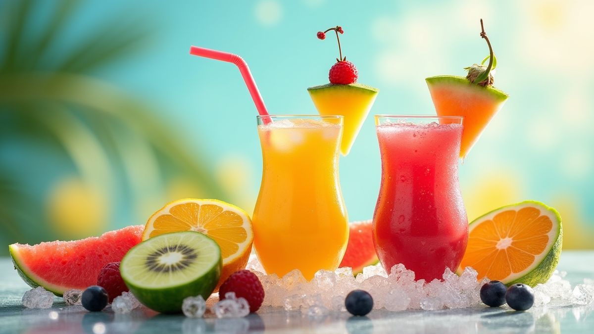 Bebidas tropicales congeladas rodeadas de frutas heladas.