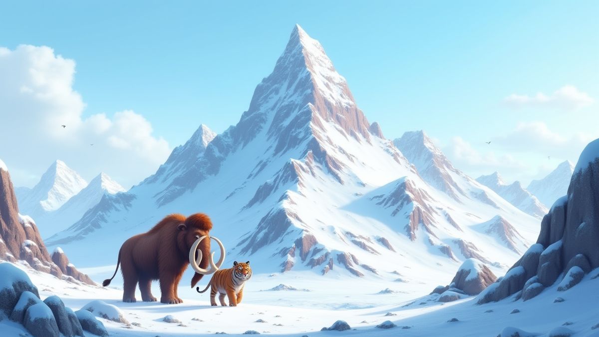 Montaña nevada con animales prehistóricos en estilo animado.
