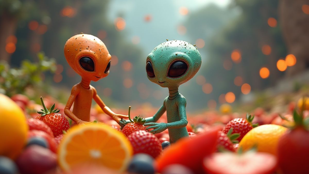 Extraterrestres animados interactuando con frutas coloridas.