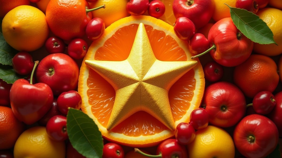 Estrela dourada rodeada de frutas vibrantes.
